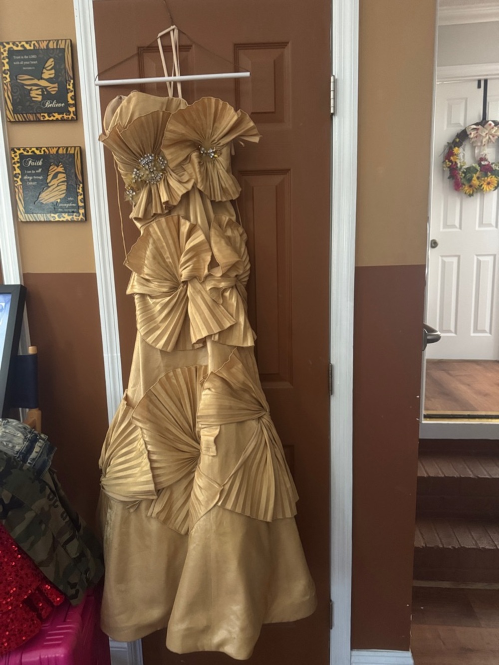 Gold Pleated Ruffle Strapless Gown